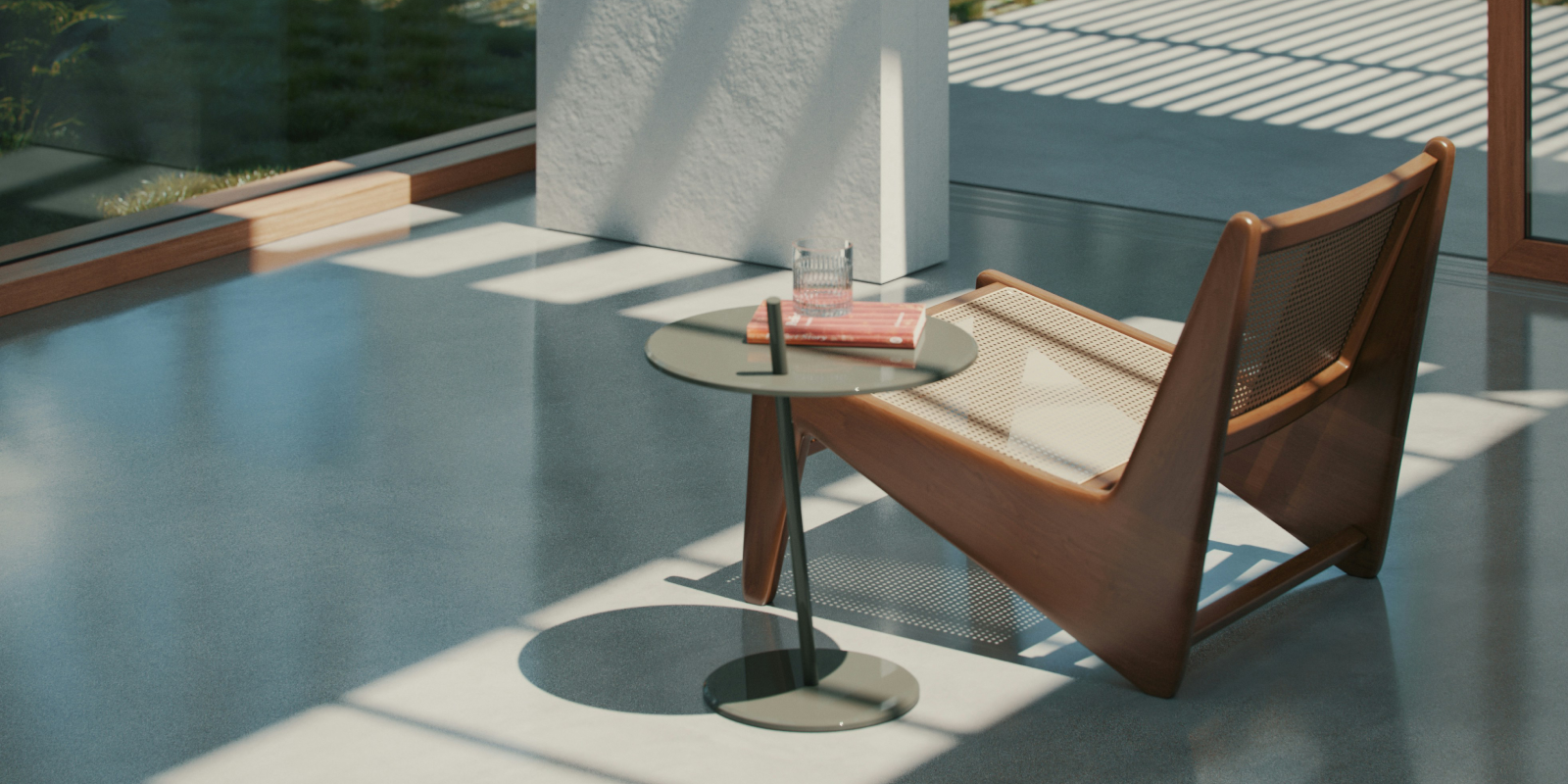 Beautiful Concrete flooring for an outdoor patio with a recliner and side table