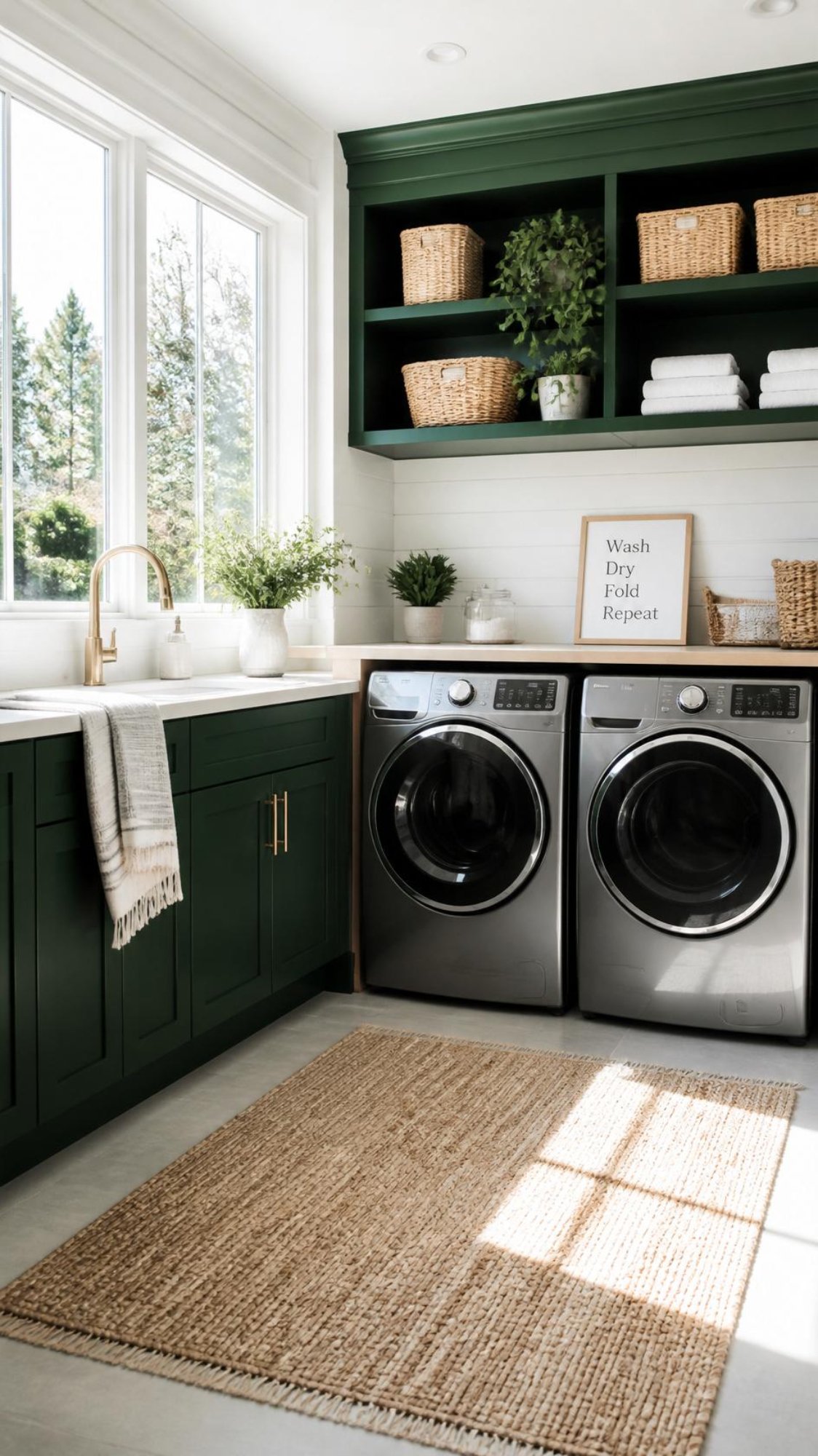 a modern laundry room with silver appliances
