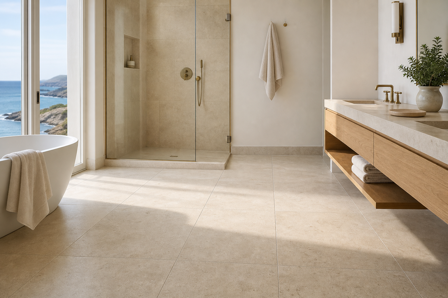 Elegant limestone tile bathroom