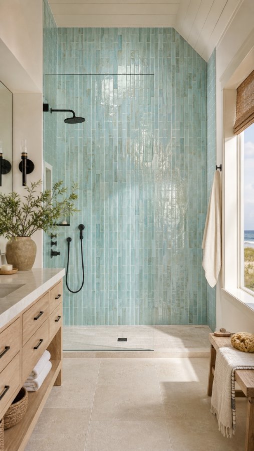 glass tile in a bathroom