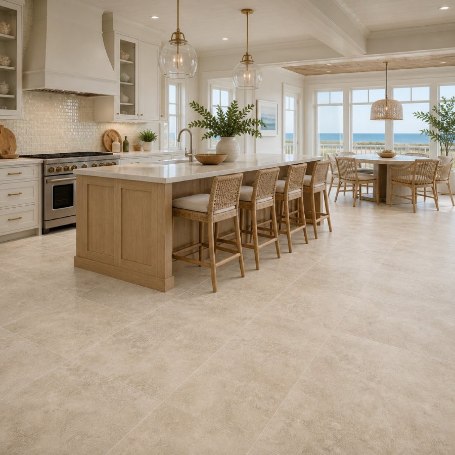 Bright coastal kitchen overlooking the ocean