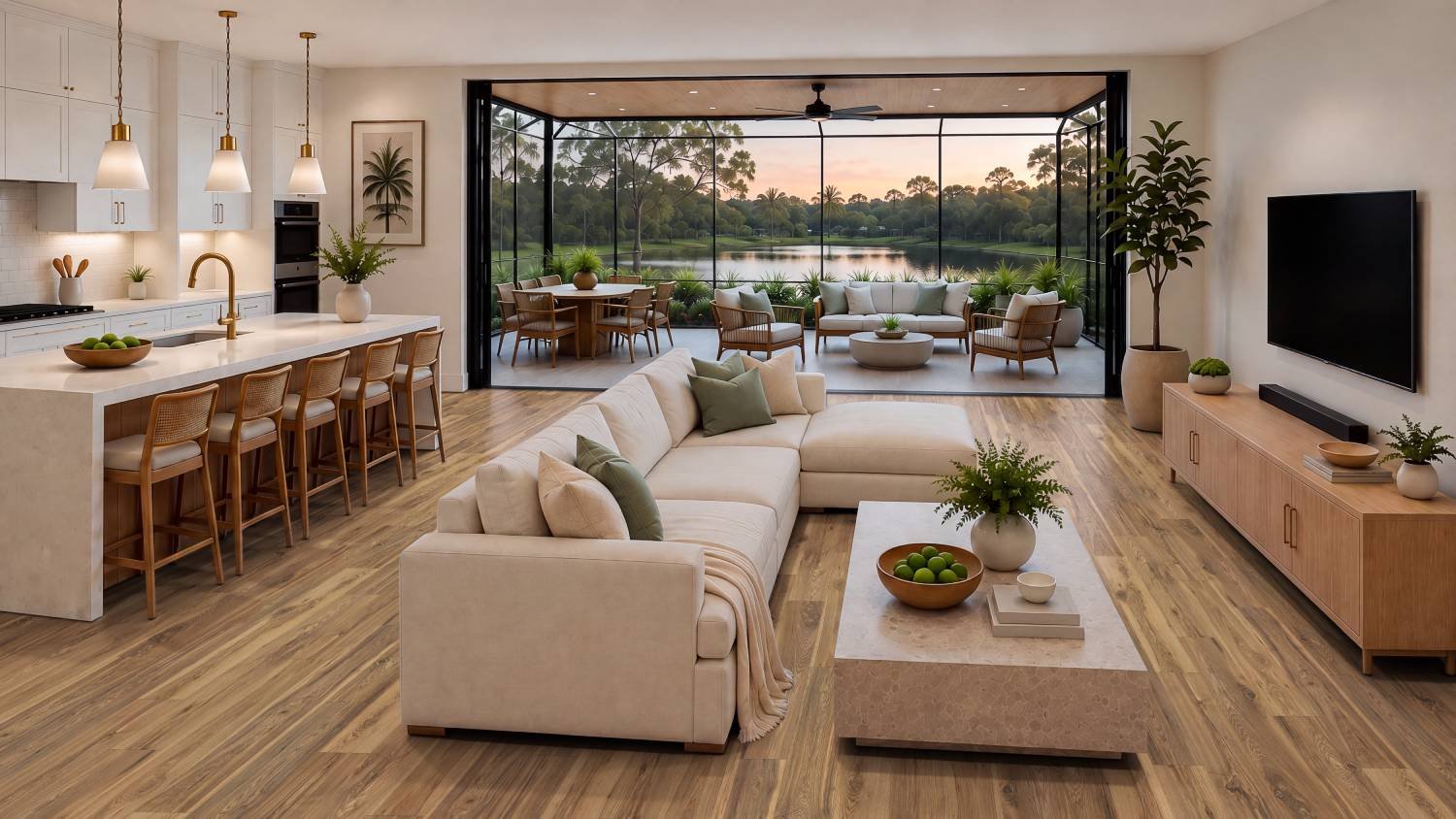 Bright living room with natural wood flooring
