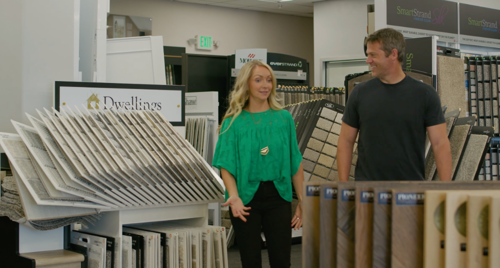 Pioneer Floor Coverings design consultation in Cedar City, Utah — reviewing eco-friendly flooring options for a Southern Utah home.